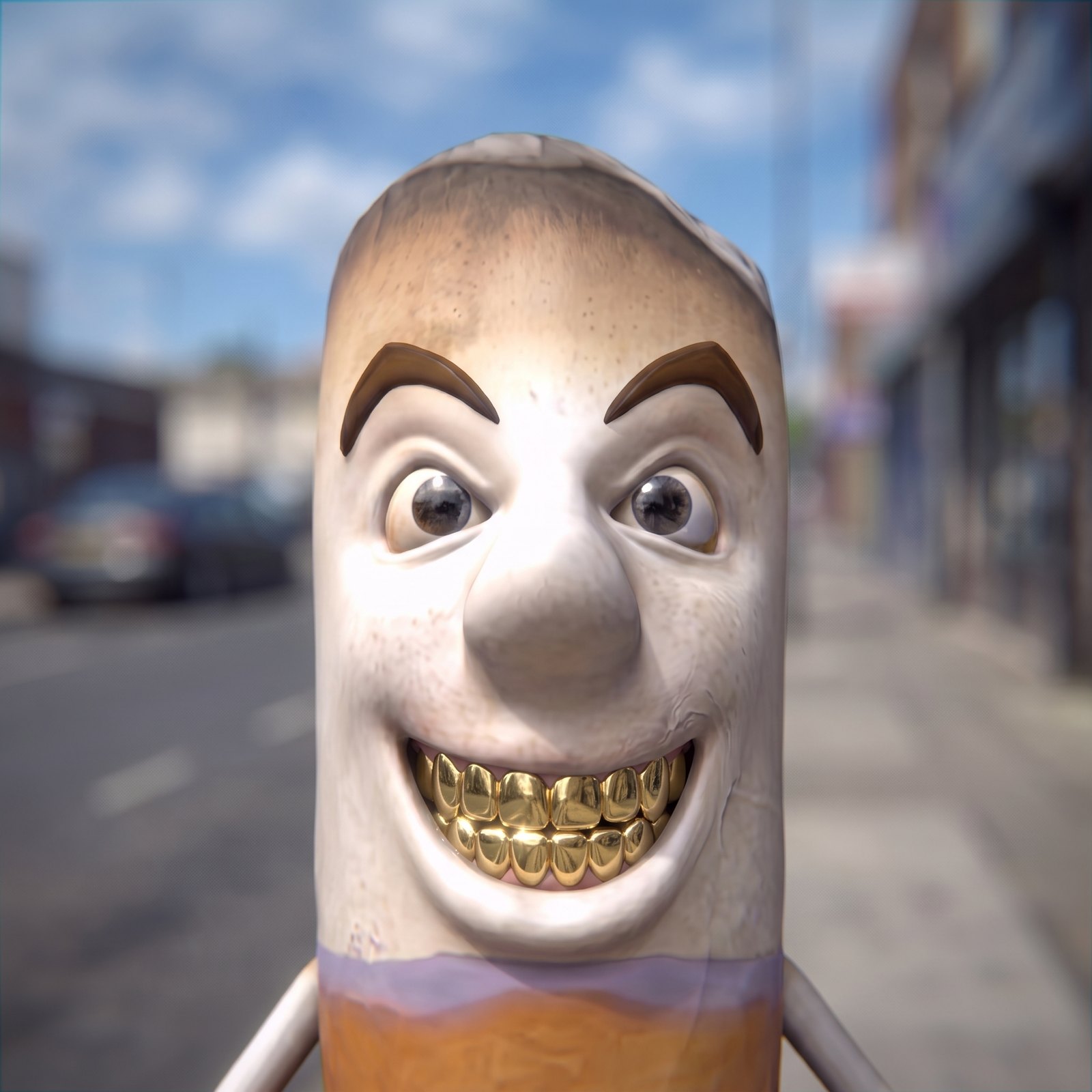 The mascot's head inside a sci-fi HUD visor over a battlefield, captioned 'Jarvis, Puff a cig.'